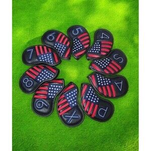 Golf Iron Club Head Covers Lot Of 10 Faux Leather Black USA Flag Design